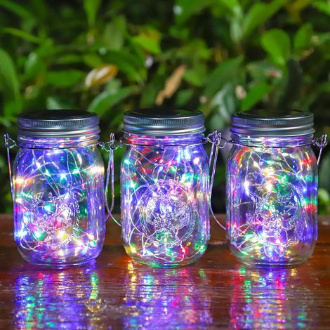 Lot de 3 lampes solaires d\'extérieur - Lampe solaire d\'extérieur 30LED, lampe d\'extérieur étanche IP65, lampe solaire suspendue Mason jar pour la décoration du jardin, de l\'arbre et de la terrasse (1/4)