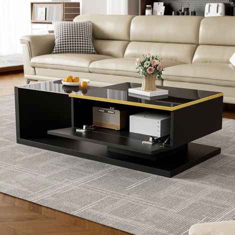 Table basse 100x50x32.5 cm avec un plateau brillant orné de verre et d'effets LED fabriquée en panneaux de particules noir (1/5)
