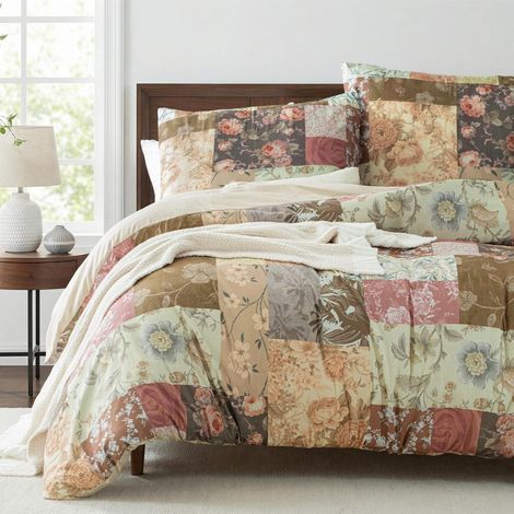 Bettwäsche 200x200 cm 3-teilig mit Blumenmuster und Patchwork-Design