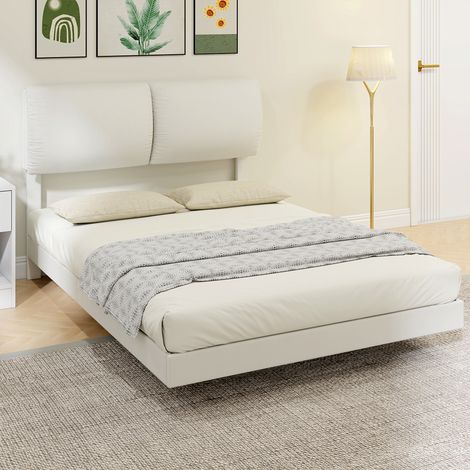 Cama Doble de 135x190 cm Somier con Cabecero Acolchado Efecto Flotante Estructura Metálica Beige (1/5)