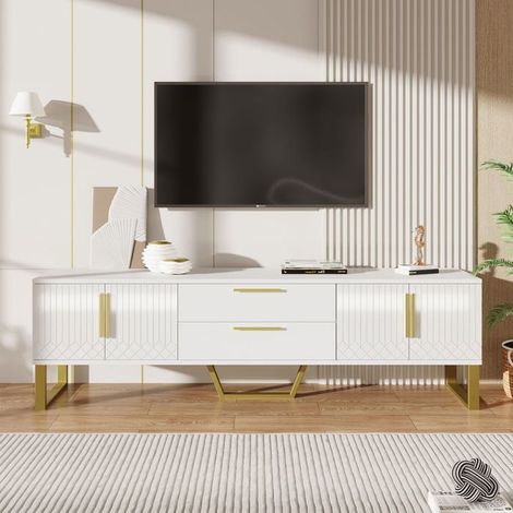 Meuble TV - SOGEU - Contemporain 170x40x53,5 cm - Laqué haut brillant - Portes texturées sculptées - Poignées et pieds dorés (1/5)