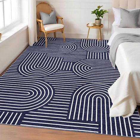 Tapis lavable pour salon, tapis géométrique moderne pour chambre à coucher, salle à manger, bureau - Poils courts - Antidérapant - Bleu - 120 x 170 cm (1/5)