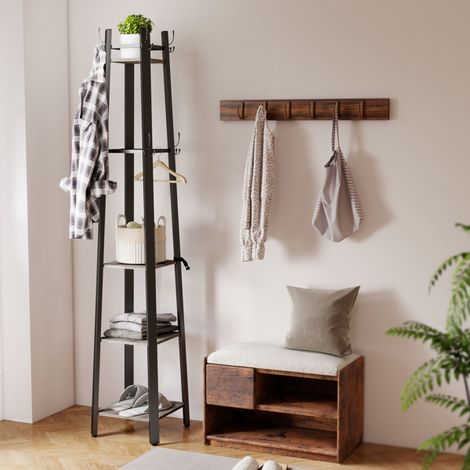 Slim Industrial Coat Stand with Adjustable Hooks and Shelves-Space-Saving Design for Small Areas,Easy Assembly,Family-Safe