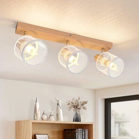 GBLY Deckenstrahler weiß Deckenlampe Holz - Deckenleuchte E14 Deckenleuchte Schwenkbar 350° 3 Flammig Max.25w Wohnzimmerlampe Modern Für Wohnzimmer Schlafzimmer Küche Flur Innen Holzoptik
