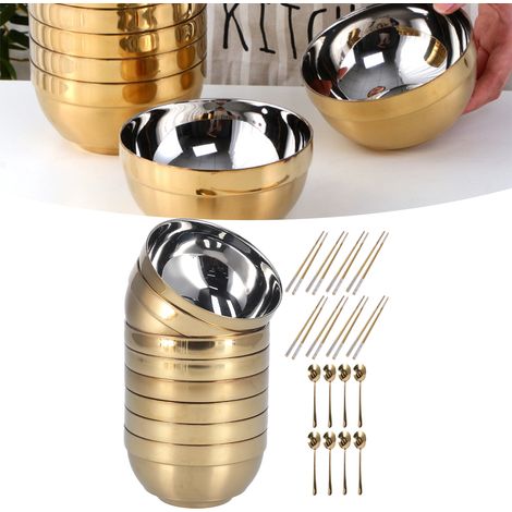 Ensemble de 24 pièces pour adultes comprenant bols, baguettes, cuillères et ustensiles, en acier inoxydable 304, doré. (1/5)