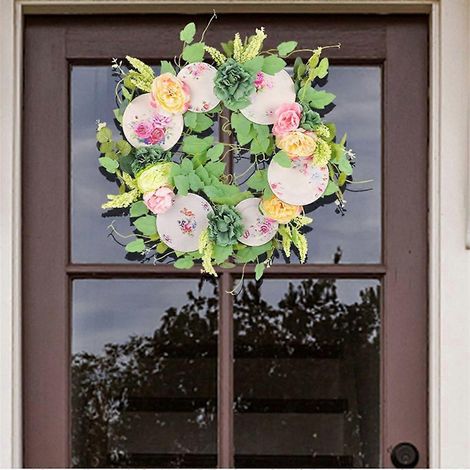 Couronnes artificielles, guirlandes, panneau en bois, couronne en porcelaine à fleurs blanches, décoration (1/4)