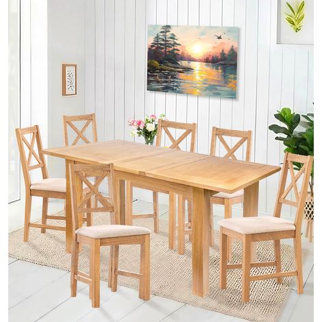 Hallowood Furniture Camberley Oak Butterfly Dining Table and Chairs Set 6, Extendable Dining Table with 6 Chairs in Cross Back and Beige Fabric Padded Seats for Home and Café