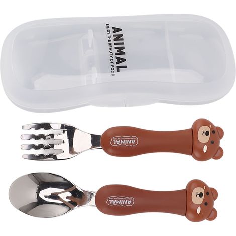 Cuillère Fourchette Bébé en Acier Inoxydable - Set de Couverts Animaux Portables pour Enfants, Apprentissage Manger avec Design Petit Ours (1/5)