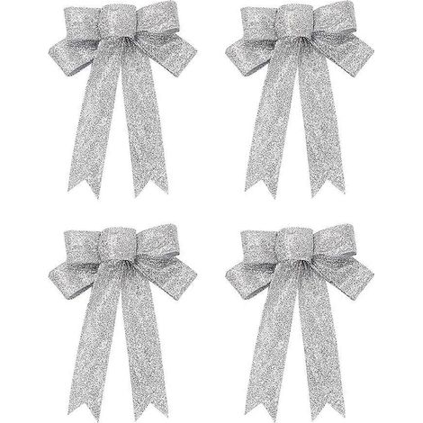 Lot de 4 nœuds papillon de Noël de 23 cm, jolis accessoires en ruban pour décorations de sapin de Noël (argenté)-Silver