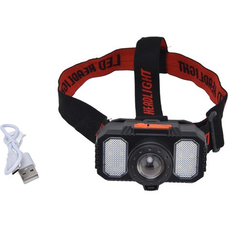 Lampe frontale LED rechargeable USB, zoom ajustable, double source lumineuse, étanche, portable pour pêche et course.