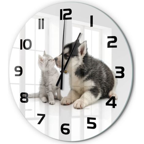 Horloge Murale Ronde en Verre Trempé Silencieuse Design Moderne Salon Cuisine Chien et chat fi 60 cm (1/5)