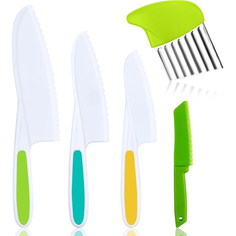 Set di 5 coltelli in plastica per bambini, coltello da intaglio per bambini, 4 misure di coltelli da cucina sicuri per bambini, lama seghettata con bordo ondulato per verdure, frutta, insalate e torte