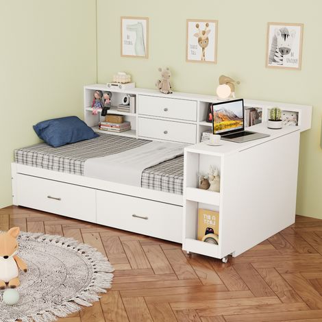 Lit superposé enfant 90 x 200 cm multifonction en bois blanc avec rangements, bureau escamotable (1/5)