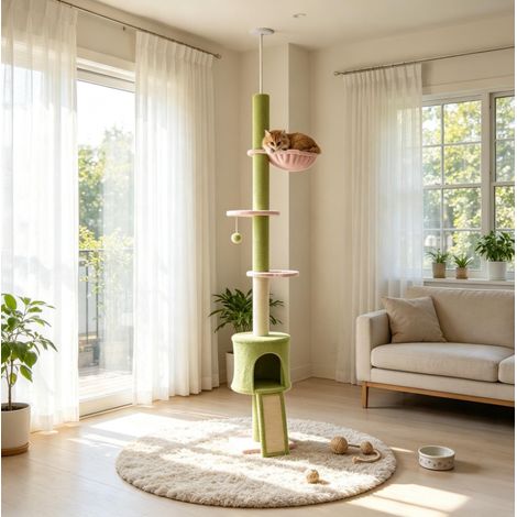 Bodentiefer bis zur Decke reichender Katzenbaum mit 5 Ebenen, höhenverstellbar 220–240 cm, blumenförmige Plattformen, Kratzstamm, ohne Hängematte, grün(nur mit Katzenmauermauer) (1/5)