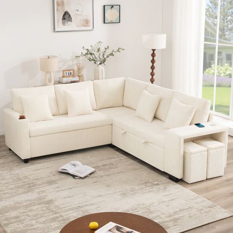Canapé d’angle convertible réversible 4 places 220x205 cm avec rangement, 2 poufs et port USB, canapé-lit avec porte-gobelets, beige (1/5)