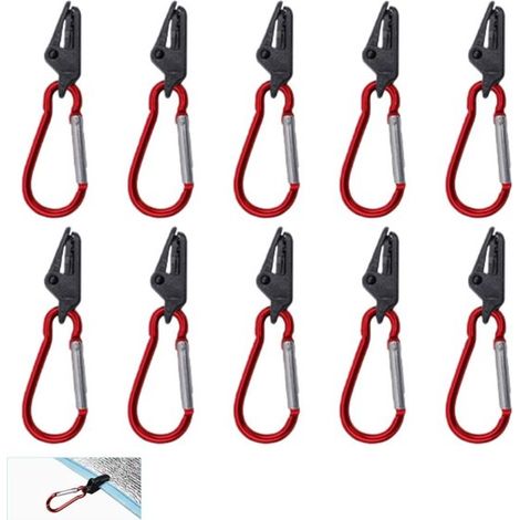 Paquete de 10 clips para tiendas de campaña - Clips colgantes con mosquetones - Juego de clips para tiendas de campaña - Adecuado para toldos, caravanas, coches y camiones - 73 mm - Rojo (1/5)