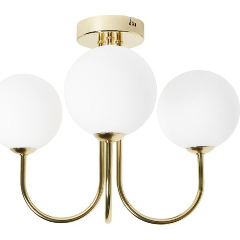Plafonnier Lampe Moderne Glam 3 Lumières Abat-jour Ronds en Verre Blanc et Métal Doré Shire