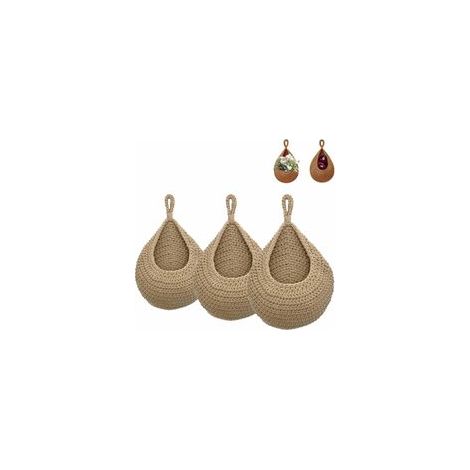 Panier mural en jute tressé à la main – Lot de 3 paniers suspendus en forme de goutte d'eau – Rangement fruits et légumes pour cuisine et salon (1/5)