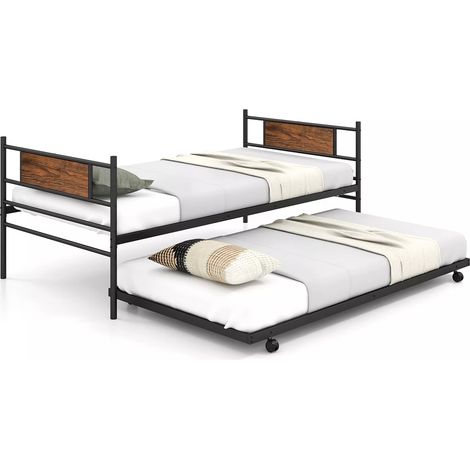 Retro Double Bed Mattress Foundation with Metal Slat Support & Pull-out Trundle (1/5)