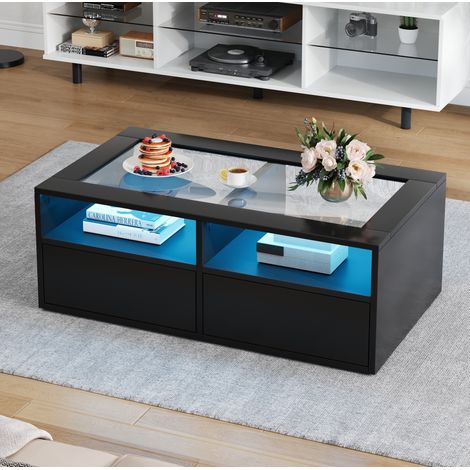 table salon LED 100 50 35 cm verre noir avec 2 tiroirs OKMYHOME (1/5)