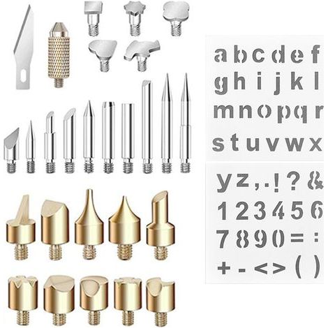 26-piece wood burning kit with hand-chiseled soldering iron tips for leather carving, plus 2 assorted letter, number, and symbol stencils. (1/5)