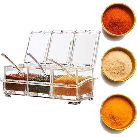 3-Piece Acrylic Seasoning Jar Set, Kitchen Spice Jars with Lids and Spoons, Transparent Bottles, Salt and Spice Jars, Kitchen Spice Box for Sugar, Salt, Pepper, and Spices (1/5)