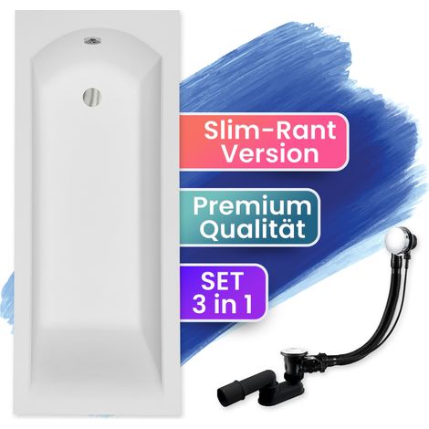 Badewanne Rechteck 160x70, Ablaufgarnitur & Füßen GRATIS - Komplettset 3in1 Original Acryl Wanne Premium Siphon - Made in EU - BADLAND SHEA SLIM (1/5)