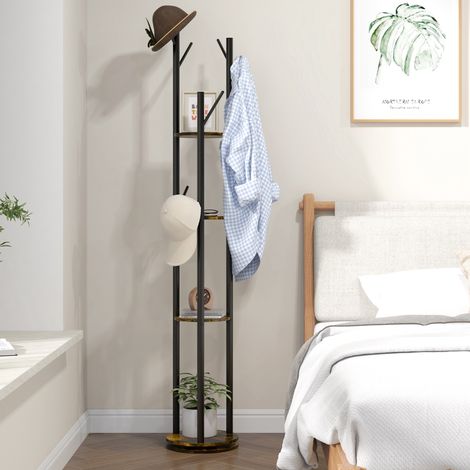 Appendiabiti da Terra Girevole con 8 Ganci e 4 Mensole in Stile Industriale, Ø30x175cm, Marrone