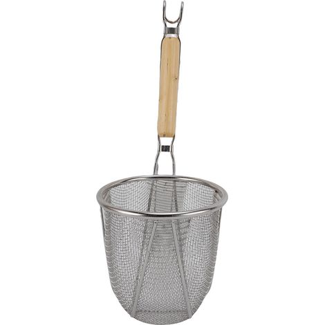 Passoire à pâtes à mailles fines en acier inoxydable 304 avec manche en bois, idéale pour la cuisson des nouilles et des raviolis. (1/5)