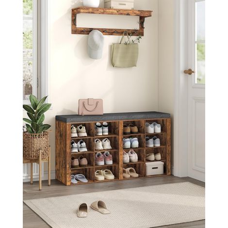 Banc à Chaussures, Support à Chaussures avec Siège, Banc avec Rangement, Coussin, 16 Compartiments, pour Salon, Couloir, Chambre, Brun-Gris (1/5)