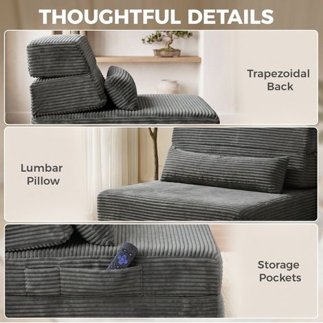 Fauteuil de sol pliant 4 positions avec dossier, revêtement en velours côtelé gris foncé, matelas intégré 70 x 200 cm (1/5)