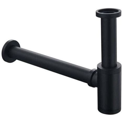 Round Brass Bathroom Sink Drain P-Shaped Trap Bottle Shape Drain Pipe Matte Black (1/4)