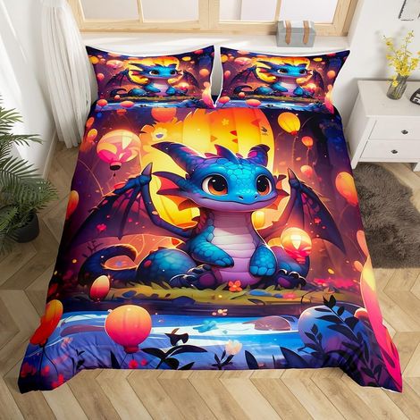 Housse de Couette 240 x 260 Enfant Dragon de Dessin Animé, Parure de Lit Ballon Mignon, Sets de Housses de Couettes Mignon Dragon Occidental, Couvre Lit Animaux Sauvages de La Jungle (1/5)