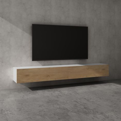 doporro Mobile Porta TV Sospeso 240 cm con 2 Ante Bianco Opaco e Marrone Chiaro, Credenza Bassa da Soggiorno Salotto, Madia Consolle Bicolore per TV Fernsehschrank02