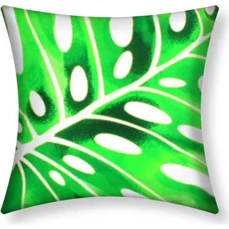 Housse de coussin - AVIZAR - Lot de 2 - 40x40 cm - Motif Monstera - Vert et Blanc (1/5)