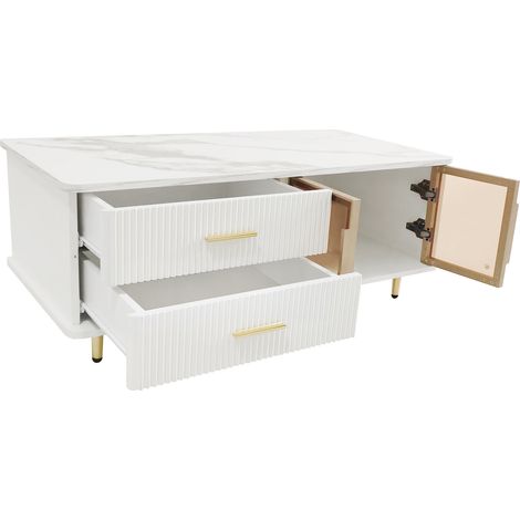 Mesa de centro blanca con LED, 2 cajones, 2 puertas, cristal templado y tiradores dorados (1/5)