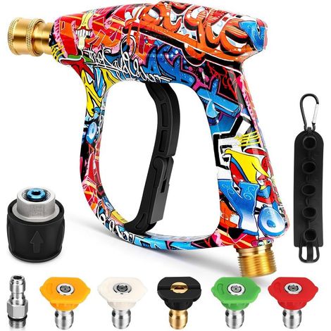 Pistolet de lavage haute pression court avec 5 buses, 4000 PSI, pour le lavage de voiture, raccord de tuyau M22-14 mm vers 1/4". (1/5)