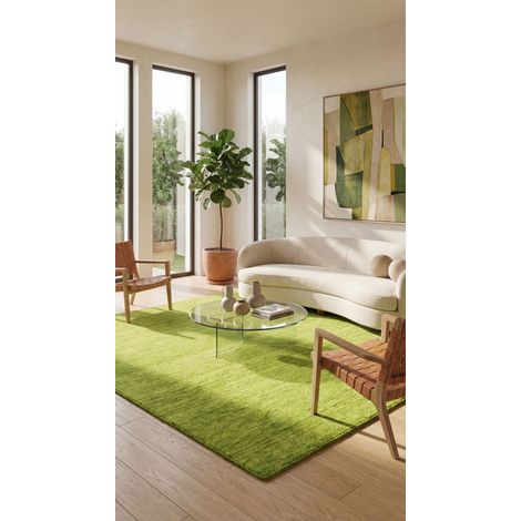 Tapis Gabbeh tissé Tapis Uni - Tapis en laine - 200x200cm, Square - 100% Laine vierge - Tissé main - Vert lime (1/5)