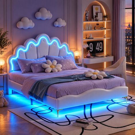 JOOKGBD-Letto bambino a forma di corona 140x200 cm,Letto principessa,Letto imbottito,Rivestimento in similpelle PU,Striscia luminosa LED regolabile,Testiera regolabile in altezza,Rete a doghe,Bianco