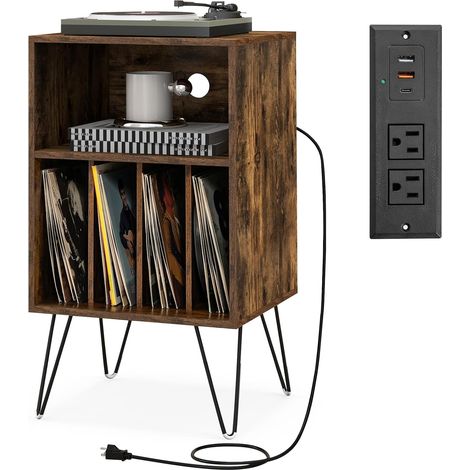COSTWAY Soporte para Tocadiscos, Soporte para Tocadiscos de 3 Niveles con Estación de Carga, Mesa de Almacenamiento de Discos de Vinilo con Estante y 4 Divisores, Marrón Rústico (1/5)