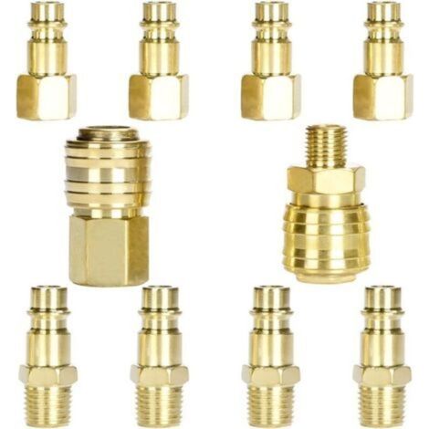 Raccord pneumatique rapide 1/4 pouce – Raccord d'air comprimé avec vanne intégrée – Acier-cuivre traité – Lot de 10 pièces (1/5)