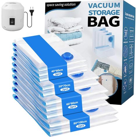 Sac Sous Vide Vetement Aspirateur avec Pompe Électrique, 10 Pièces (2XL/3L/2M/3S) Sac Rangement Sous Vide Aspirateur Réutilisation Sac de Rangement Sous Vide pour Vêtements, Couettes, Voyages (1/5)