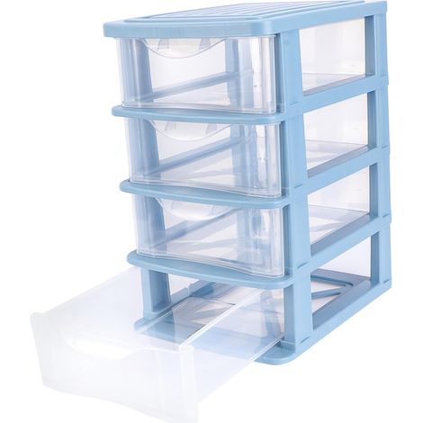 Boîte De Rangement Plastique à Tiroirs 4 Couches Bleue, Multifonction, Antipoussière, Pour Bureau, Maquillage Et Papeterie, Ménage Organisé (1/5)