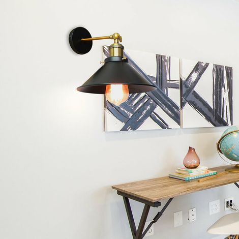 Rétro Applique Murale Industrielle E27 22cm Plafonnier Luminaire Fer Abat-jour en Métal Noir (1/5)