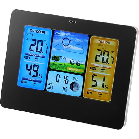 Drahtlose digitale Wetterstation mit LCD-Uhr, Innen-/Außenthermometer und Hygrometer, schwarz (1/5)