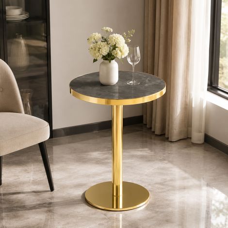 Mesita auxiliar redonda con efecto mármol, para salón o dormitorio, de MDF gris oscuro y metal dorado (1/5)
