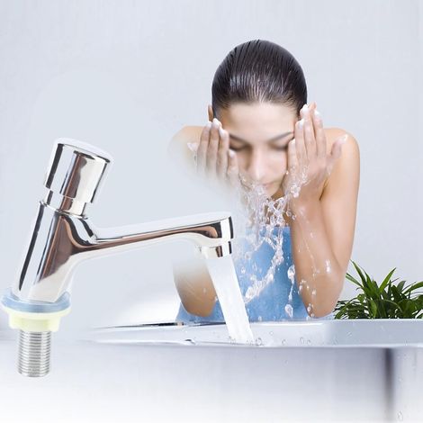 Robinet Poussoir Eau Froide Uniquement,Robinet à Temporisation de 4 à 6 Secondes,Fermeture Automatique Laiton Chromé G1/2,pour Lave Main & Salle de Bain (1/5)