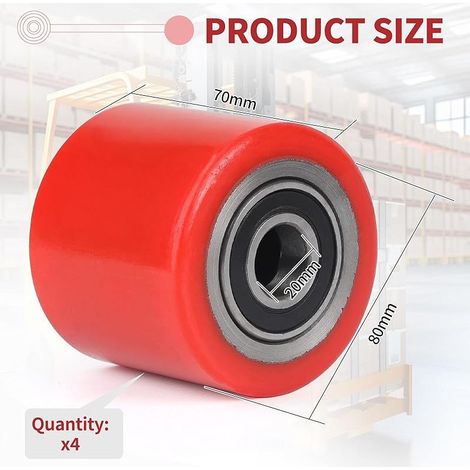 Lot de 4 Roues de Transpalette Polyuréthane 80 x 70 mm, Axe 20mm Charge Maximale 600 kg Avec pour Transpalette Roulements à Billes (1/5)