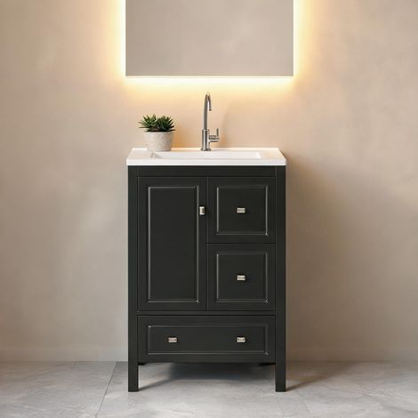 Meuble sous vasque en MDF laqué noir avec vasque céramique (1/5)