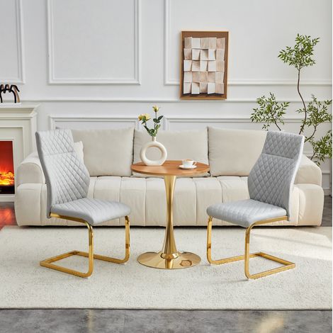 Ensemble table ronde 60 cm en MDF effet bois avec 2 chaises gris clair, structure dorée (1/5)